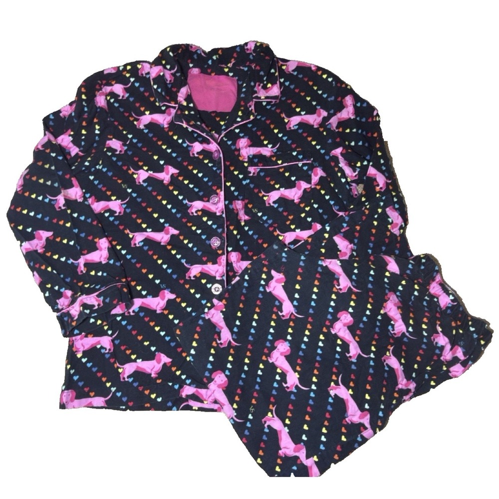 Victorias Secret Pajama Set Medium Dachshund Heart Flannel Black Pink Weenie Dog